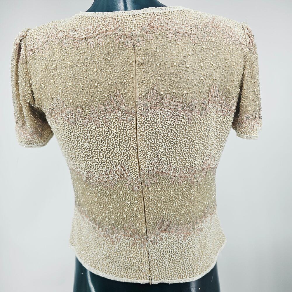 Vintage Adrianna Papell Champagne silk beaded sequined evening Blouse Top 8 - Picture 2 of 8